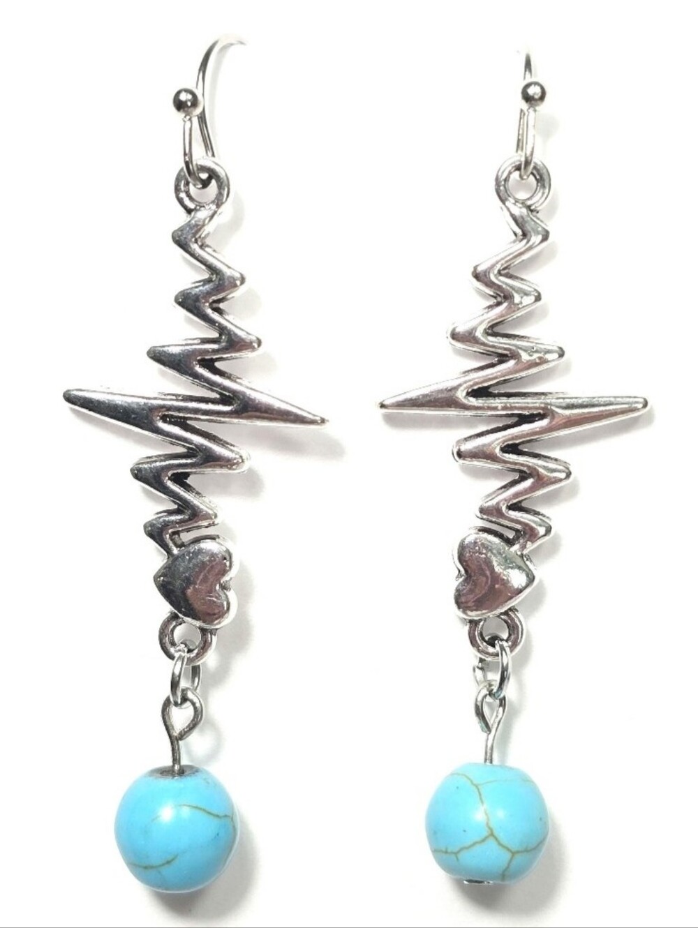 Silver Heartbeat Drop Earrings with Turquoise Bead. Nurse gift Idea